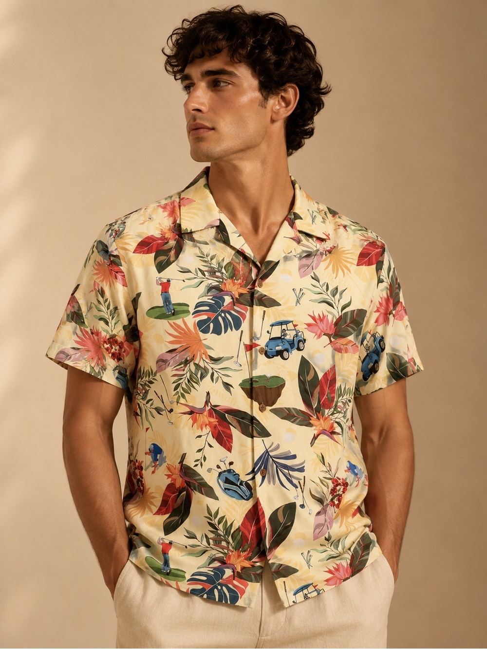 Island Crew Tropical Golf Hawaiian Button Down Shirt Size Large Resort Vacation